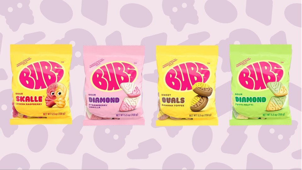 BUBS, the viral Swedish candy brand, makes its U.S. debut with four popular flavors (left to right): Sour Skalle Lemon Raspberry, Sour Diamond Strawberry Vanilla, Sweet Ovals Banana Toffee and Sour Diamond Tutti Frutti at major retailers starting this month.
